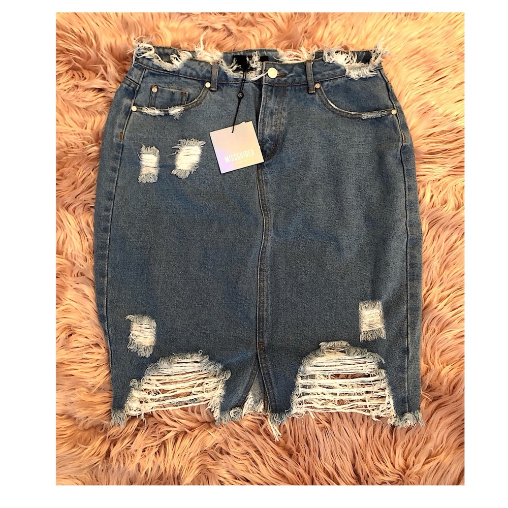 Missguided Denim Distressed Midi Skirt